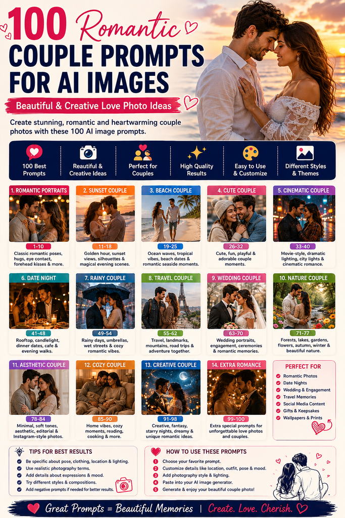 100 Romantic prompts for ai image 